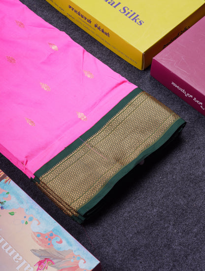 9.5 Yards Semi Silk Saree Pink With Contrast Bottle Green Traditional Border