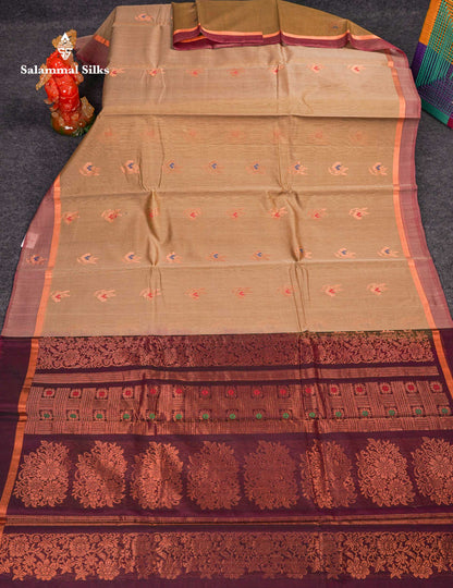Beautiful Elephant Grey Zari Butta Menakari Work SICO Cotton Saree With Contrast Bottle Green Border
