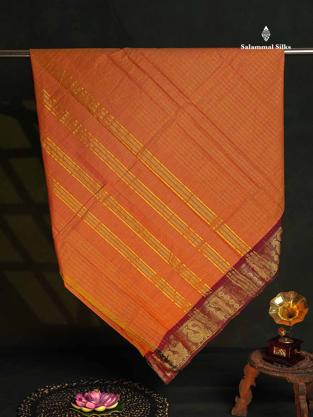 Chettinad Pure Cotton Saree - Orange Colour Body Zari Checks With Traditional Border 