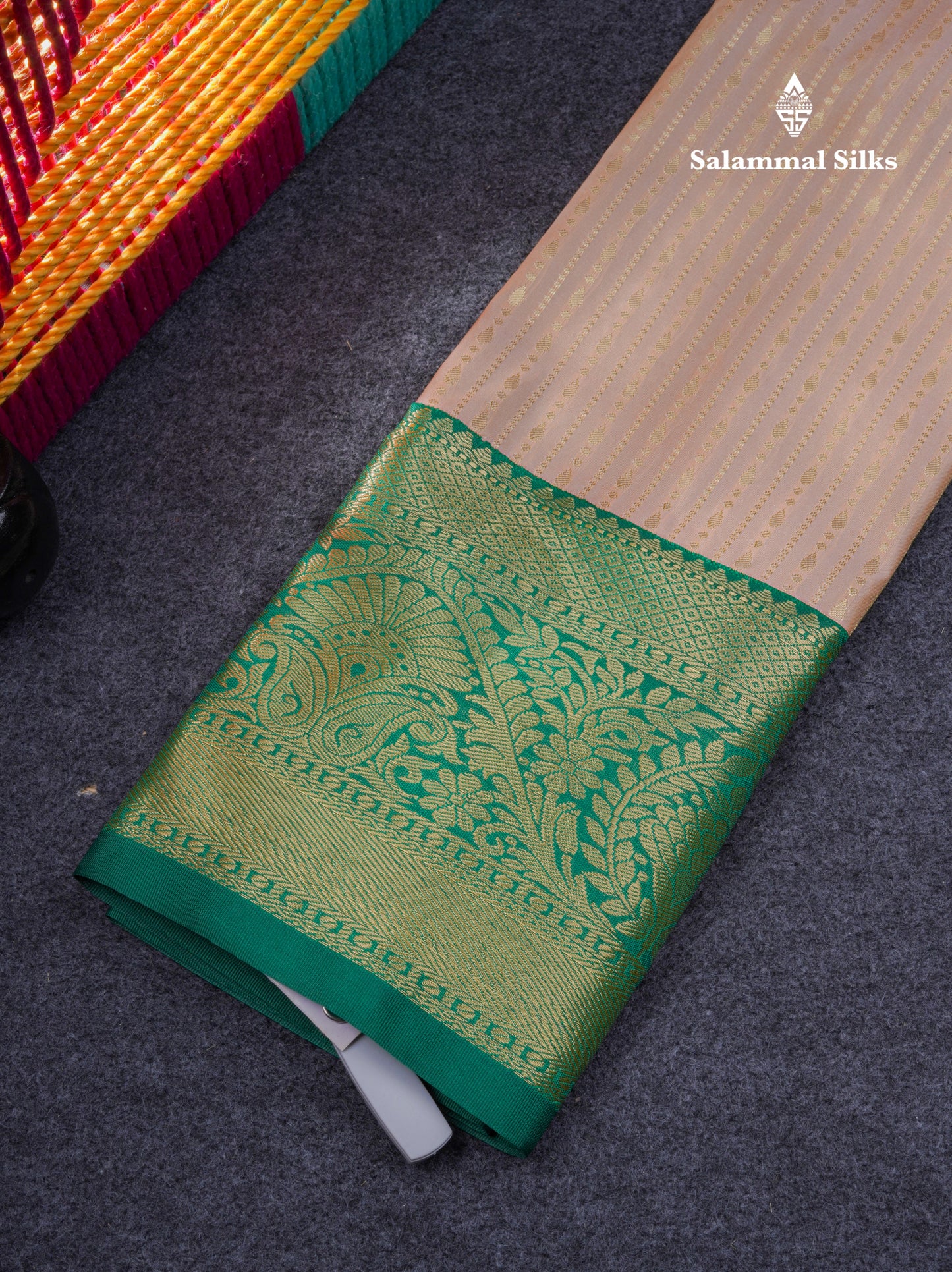 Semi Silk Pattu Pavadai ( Beige ) with Contrast Bottle Green Blouse 27"