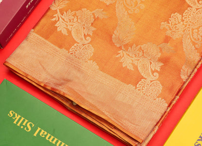 Orange Colour Kanjivaram Pure Tissue Silk Saree with Traditional Border