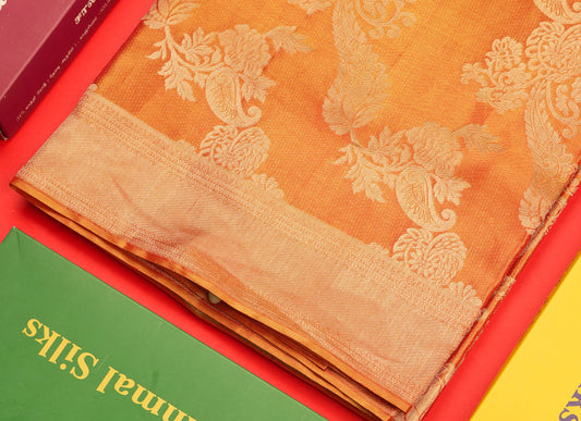 Orange Colour Kanjivaram Pure Tissue Silk Saree with Traditional Border