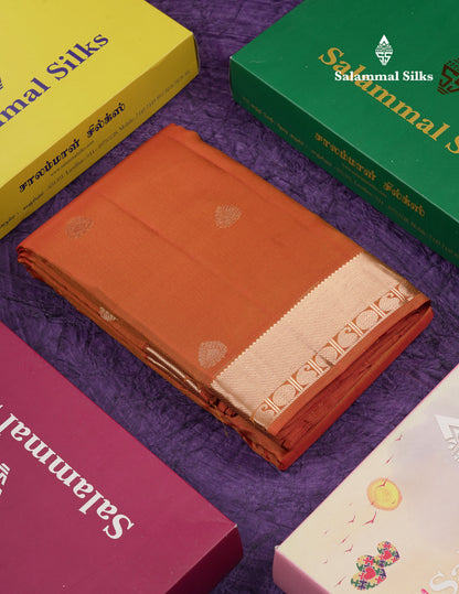 Beautiful Rust Orange Pure Kanjivaram Silk Saree With Traditional Small Border