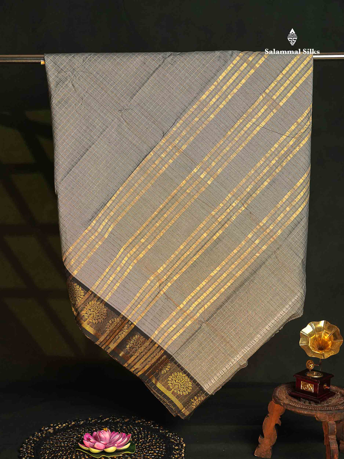 Chettinad Pure Cotton Saree - Light Grey Colour Body Zari Checks With Traditional Border 