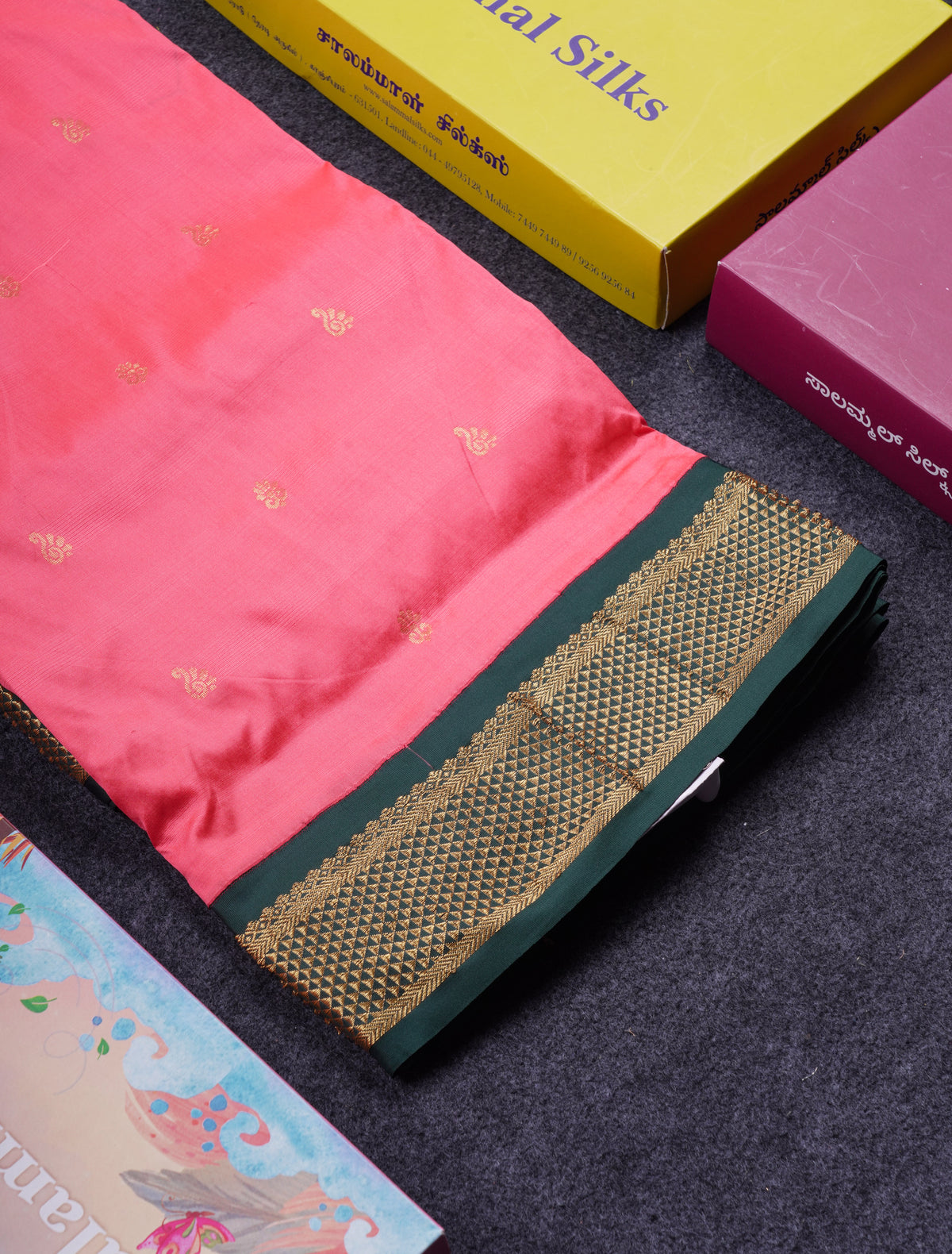 9.5 Yards Semi Silk Saree Dark Peach With Contrast Bottle Green Traditional Border