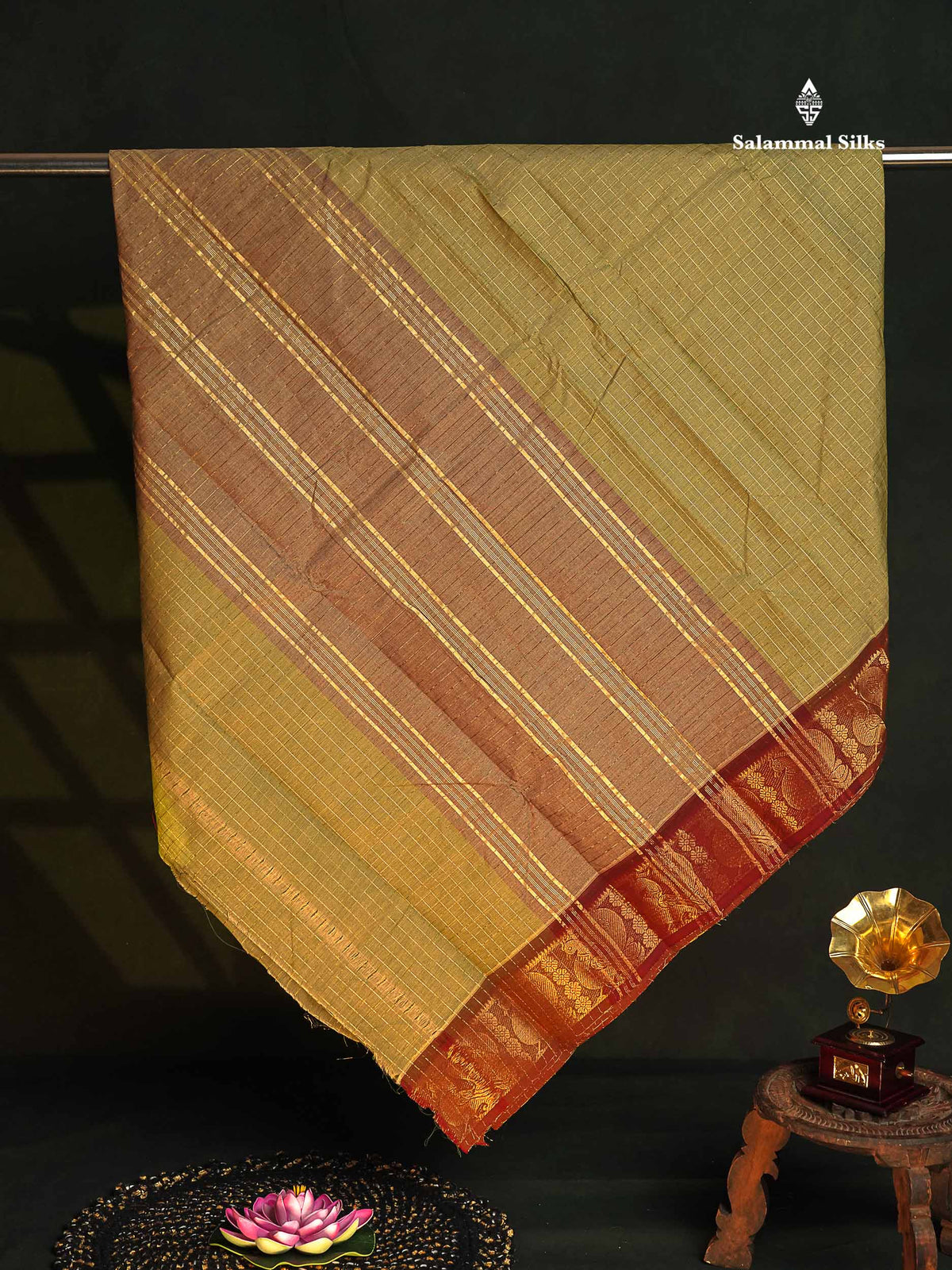 Chettinad Pure Cotton Saree - Manthulir Green Colour Body Zari Checks With Traditional Border 