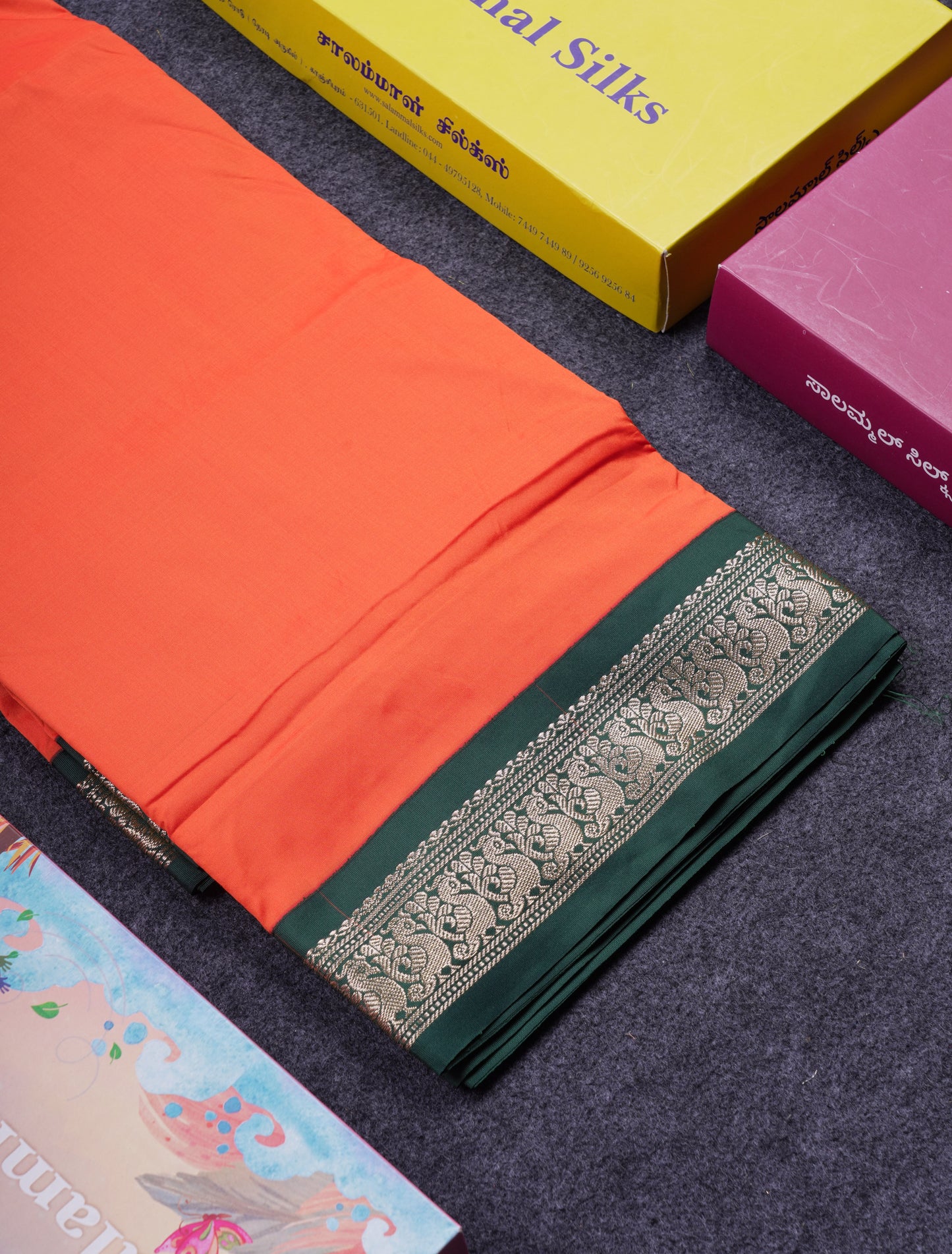 9.5 Yards Semi Silk Saree Orange With Contrast Bottle Green Traditional Border