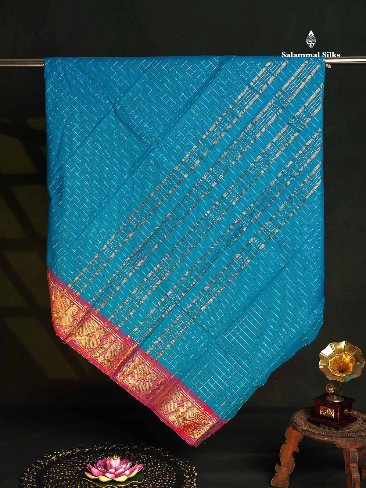 Chettinad Pure Cotton Saree - Ramar Blue Colour Body Zari Checks With Contrast Magenta Border