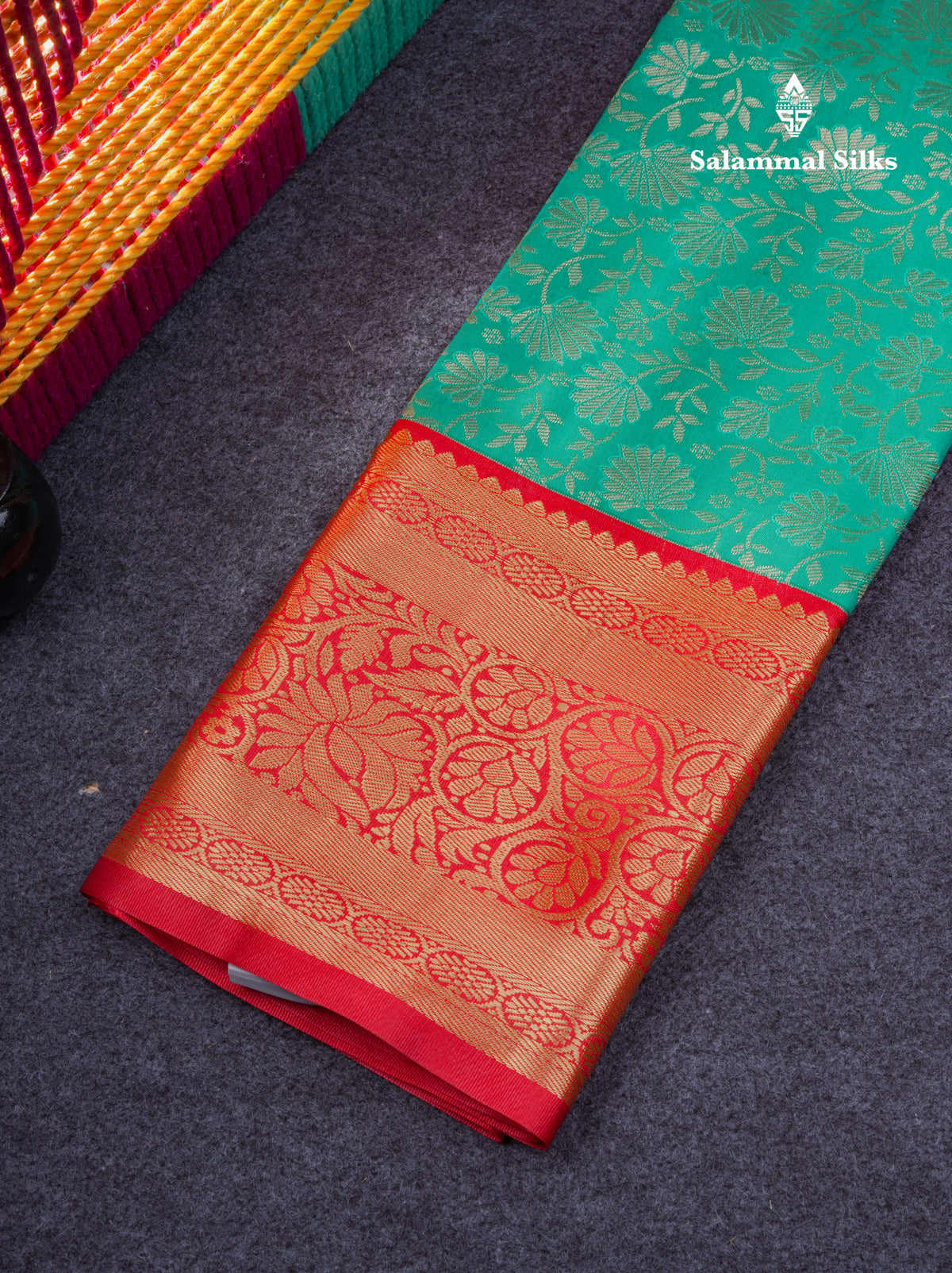 Semi Silk Pattu Pavadai ( Sapphire Green ) with Chilly Red Blouse 26.5"