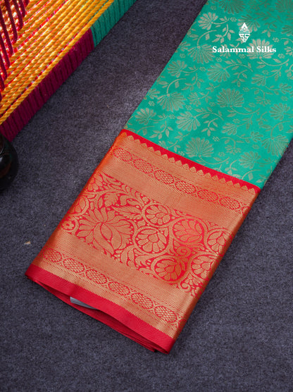 Semi Silk Pattu Pavadai ( Sapphire Green ) with Chilly Red Blouse 26.5"