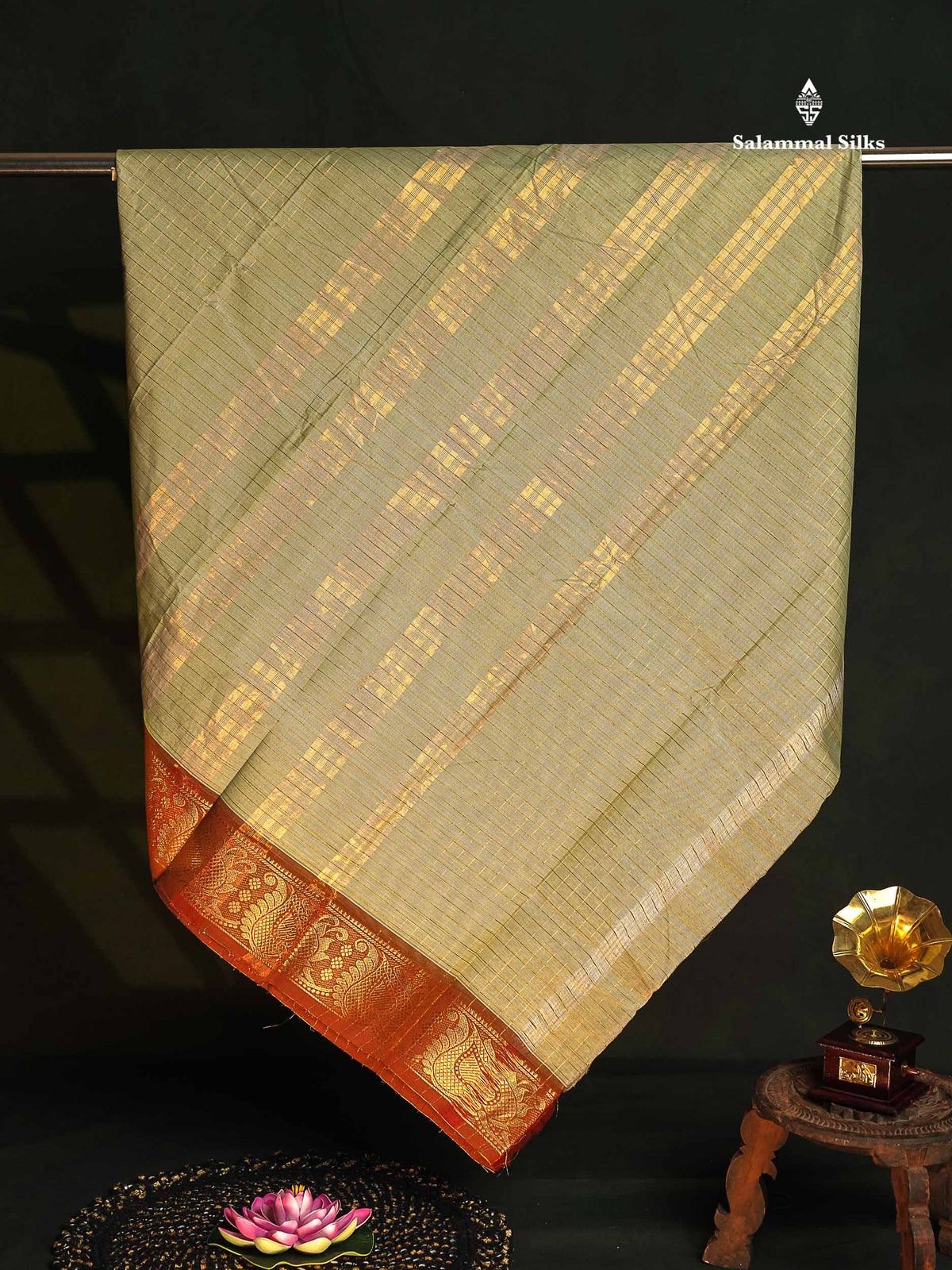 Chettinad Pure Cotton Saree - Cream Green Colour Body Zari Checks With Traditional Border 