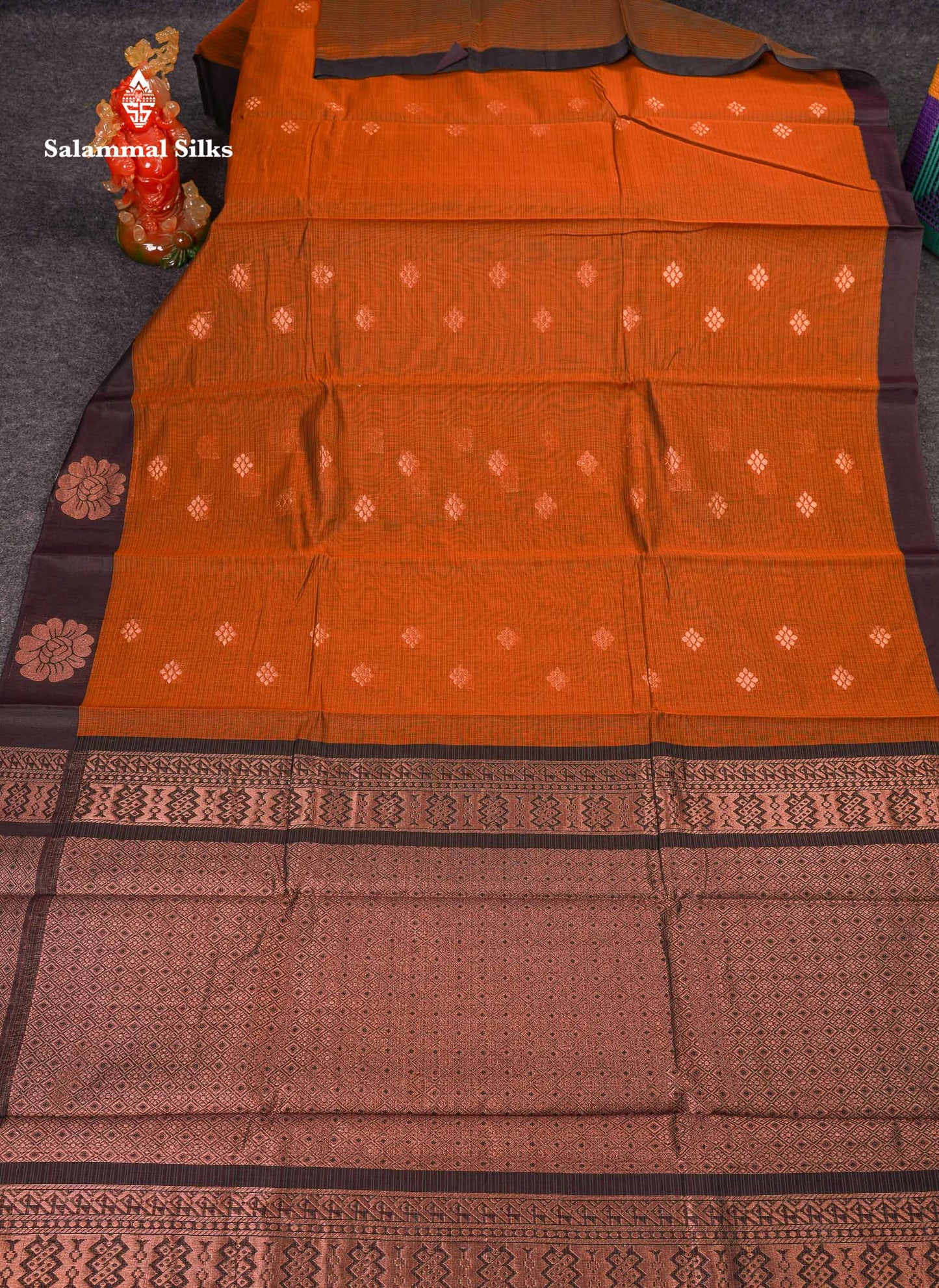 Beautiful Brown Copper Zari Butta Kota Cotton Saree With Contrast Dark Brown Border