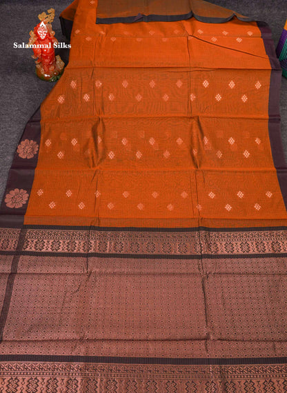 Beautiful Brown Copper Zari Butta Kota Cotton Saree With Contrast Dark Brown Border