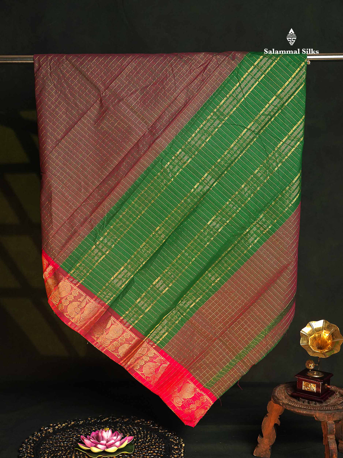 Chettinad Pure Cotton Saree - Dual Tone Magenta Colour Body Zari Checks With Traditional Border 