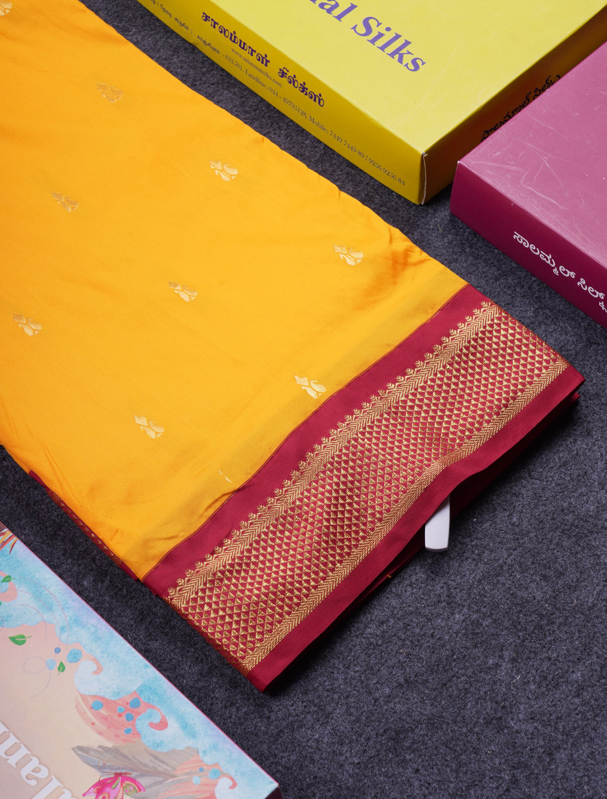 9.5 Yards Semi Silk Saree Mango Yellow With Contrast Maroon Traditional Border