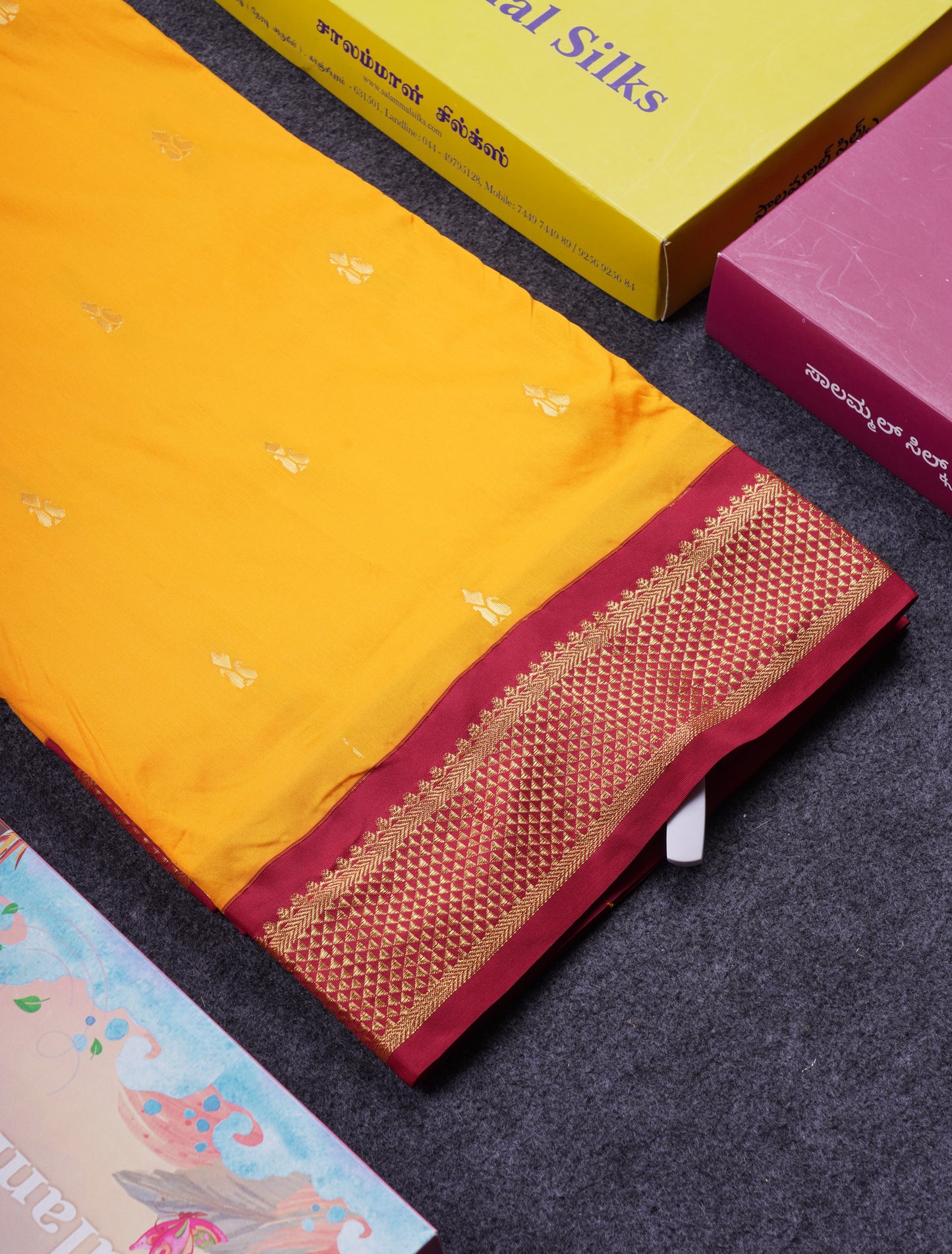 9.5 Yards Semi Silk Saree Mango Yellow With Contrast Maroon Traditional Border