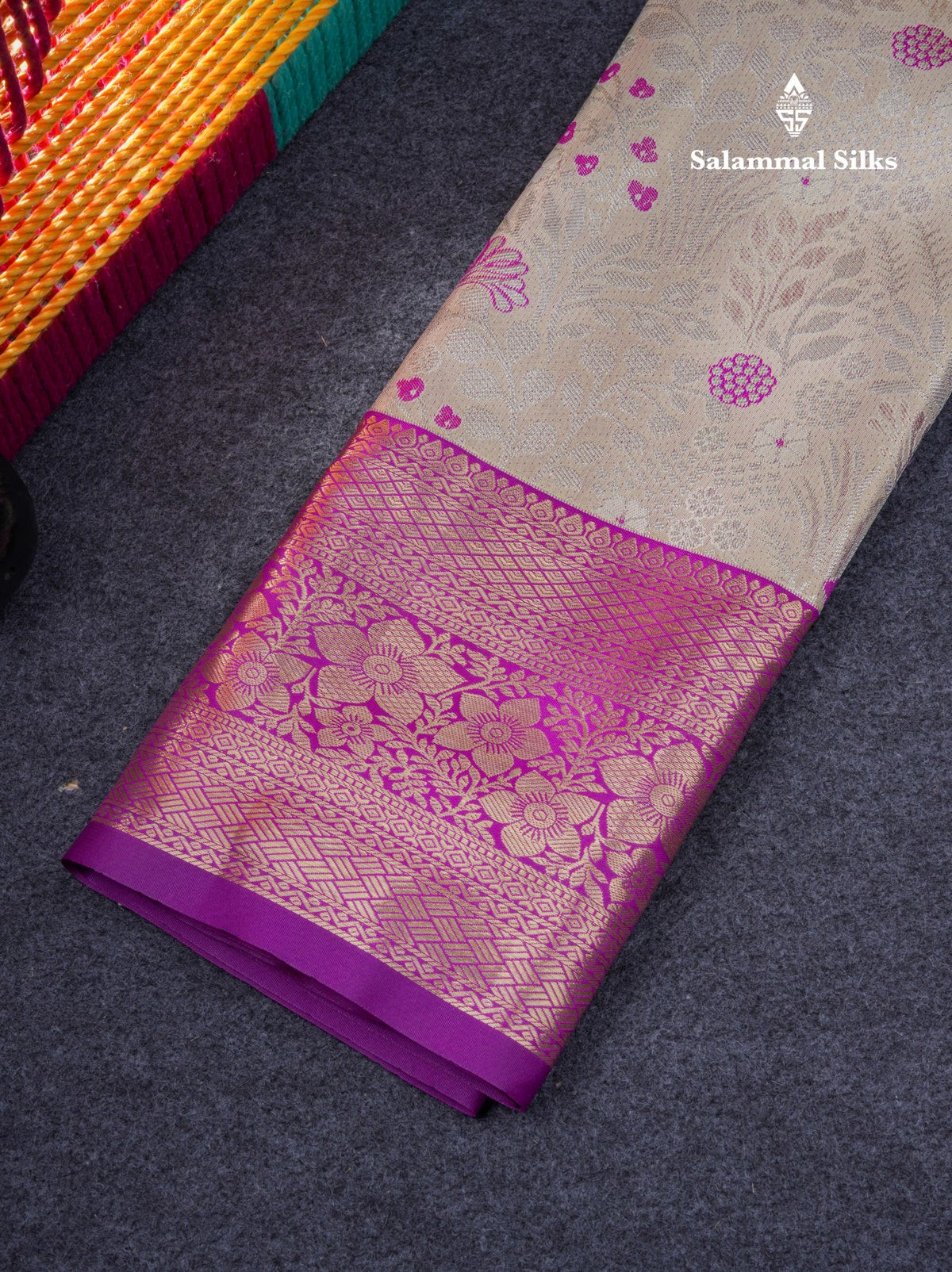 Semi Silk Pattu Pavadai Tissue ( Half White ) with Purple Blouse 27"