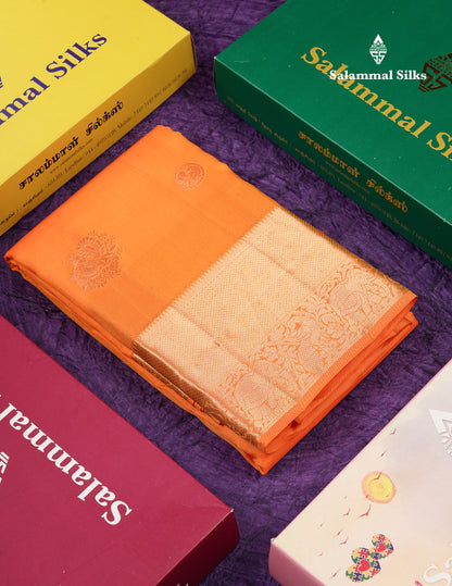 Beautiful Orange Pure Kanjivaram Silk Saree With Traditional Evening Morning Border