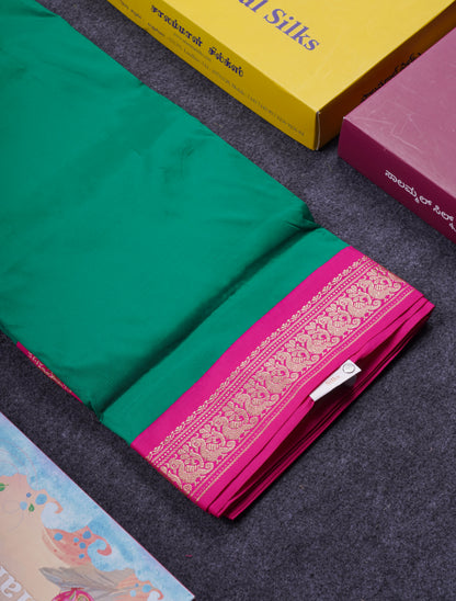 9.5 Yards Semi Silk Saree Saffire Green With Contrast Pink Traditional Border
