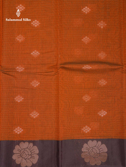 Beautiful Brown Copper Zari Butta Kota Cotton Saree With Contrast Dark Brown Border