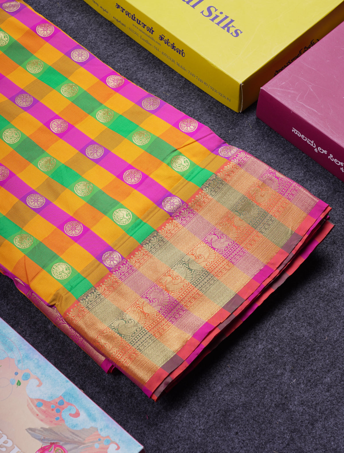 9.5 Yards Semi Silk Saree Paalum Pazham Checks With Contrast Pink Traditional Border