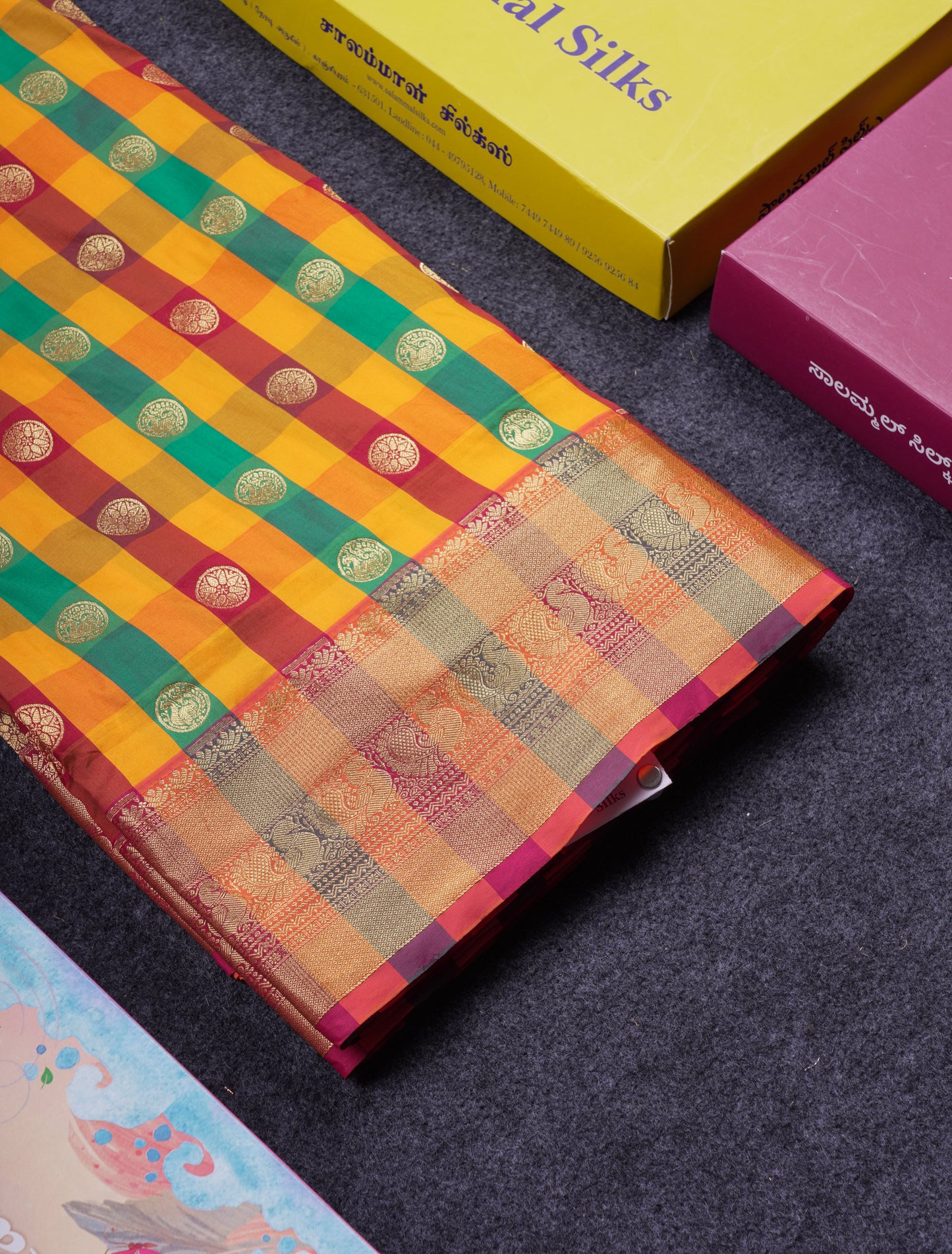 9.5 Yards Semi Silk Saree Paalum Pazham Checks With Contrast Pink Traditional Border