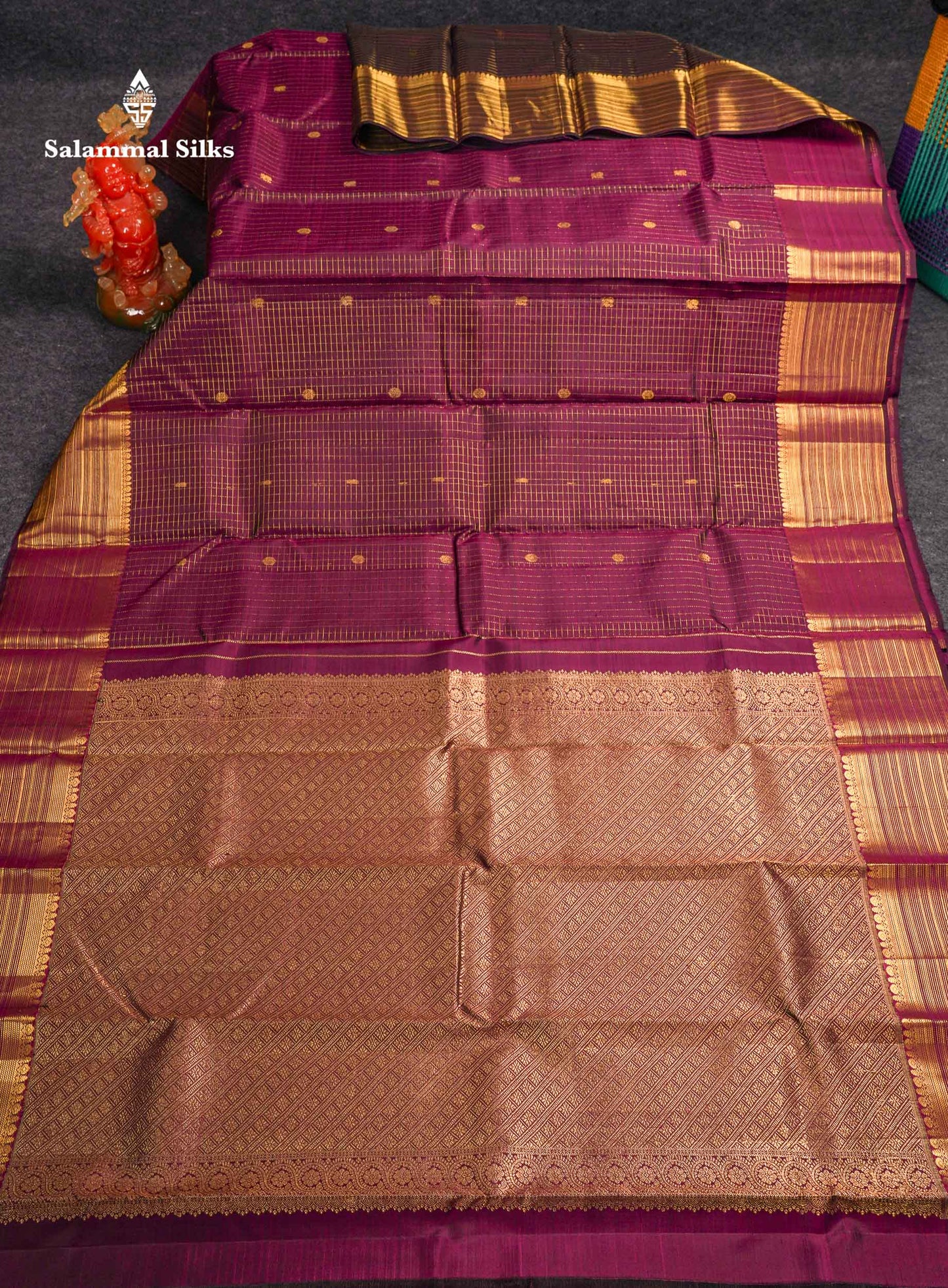 Beautiful Dark Purple Small Zari Checks With Butta Pure Kanjivaram Silk Saree With Traditional Border