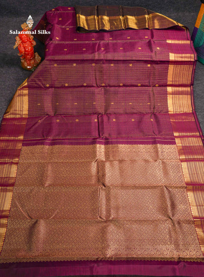 Beautiful Dark Purple Small Zari Checks With Butta Pure Kanjivaram Silk Saree With Traditional Border
