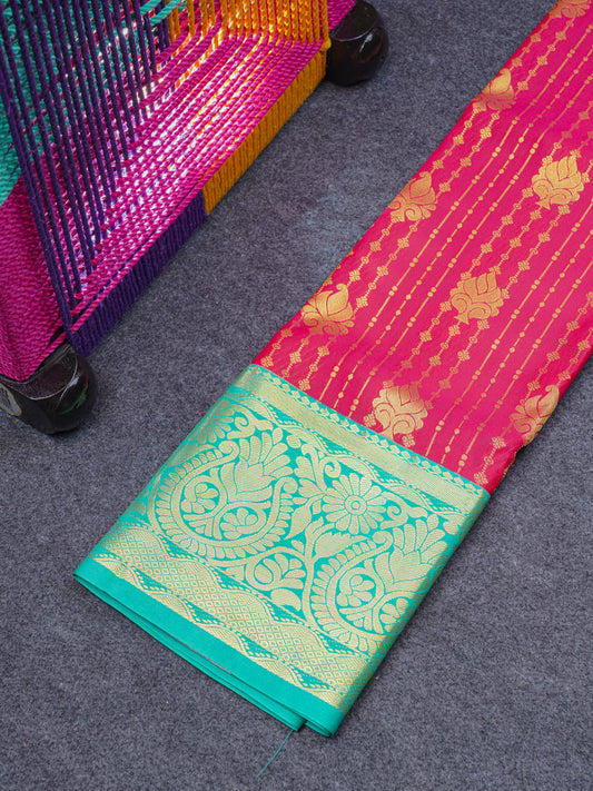 Semi Silk Pattu Pavadai (Pinkish Red) With Sapphire Green Blouse 36"