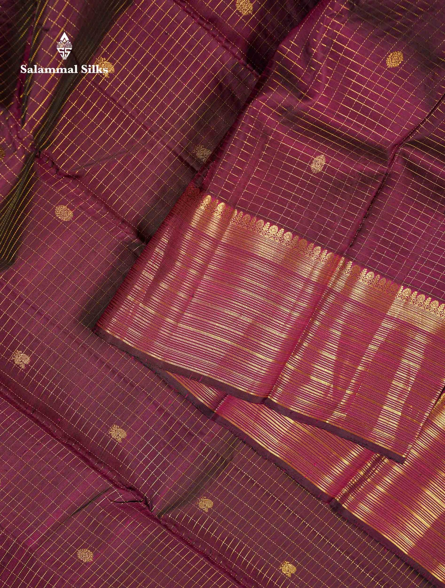 Beautiful Dark Purple Small Zari Checks With Butta Pure Kanjivaram Silk Saree With Traditional Border