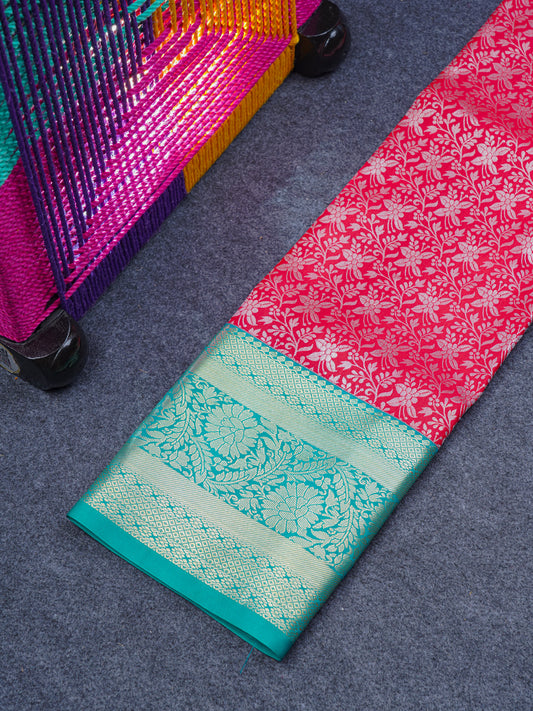 Semi Silk Pattu Pavadai (Red) With Sapphire Green Blouse 35.50"