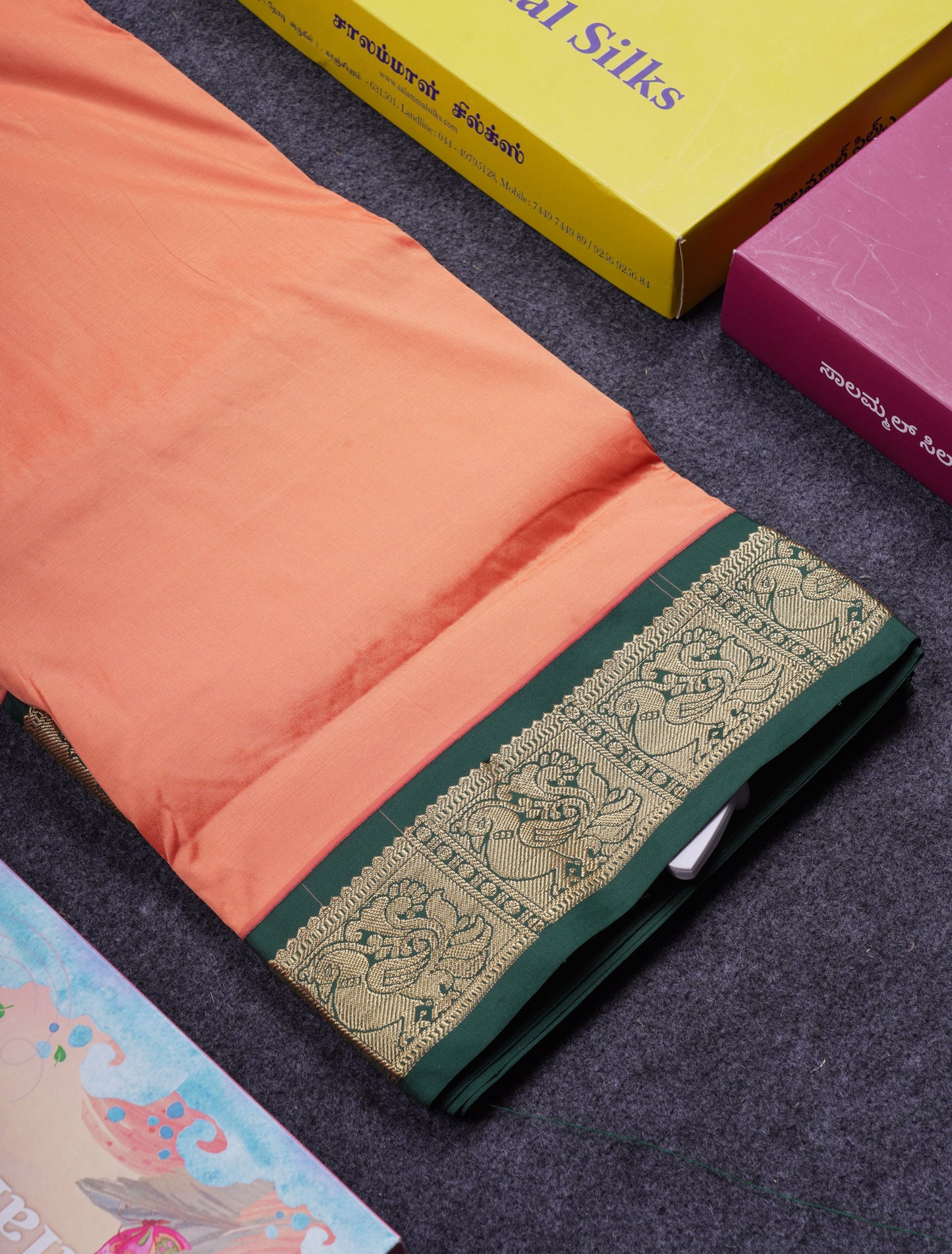 9.5 Yards Semi Silk Saree Light Orange With Contrast Bottle Green Traditional Border