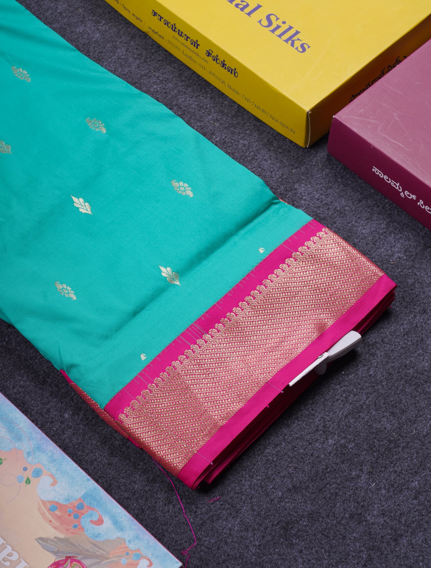 9.5 Yards Semi Silk Saree Sapphire Green With Contrast Pink Traditional Border