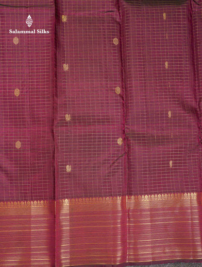 Beautiful Dark Purple Small Zari Checks With Butta Pure Kanjivaram Silk Saree With Traditional Border
