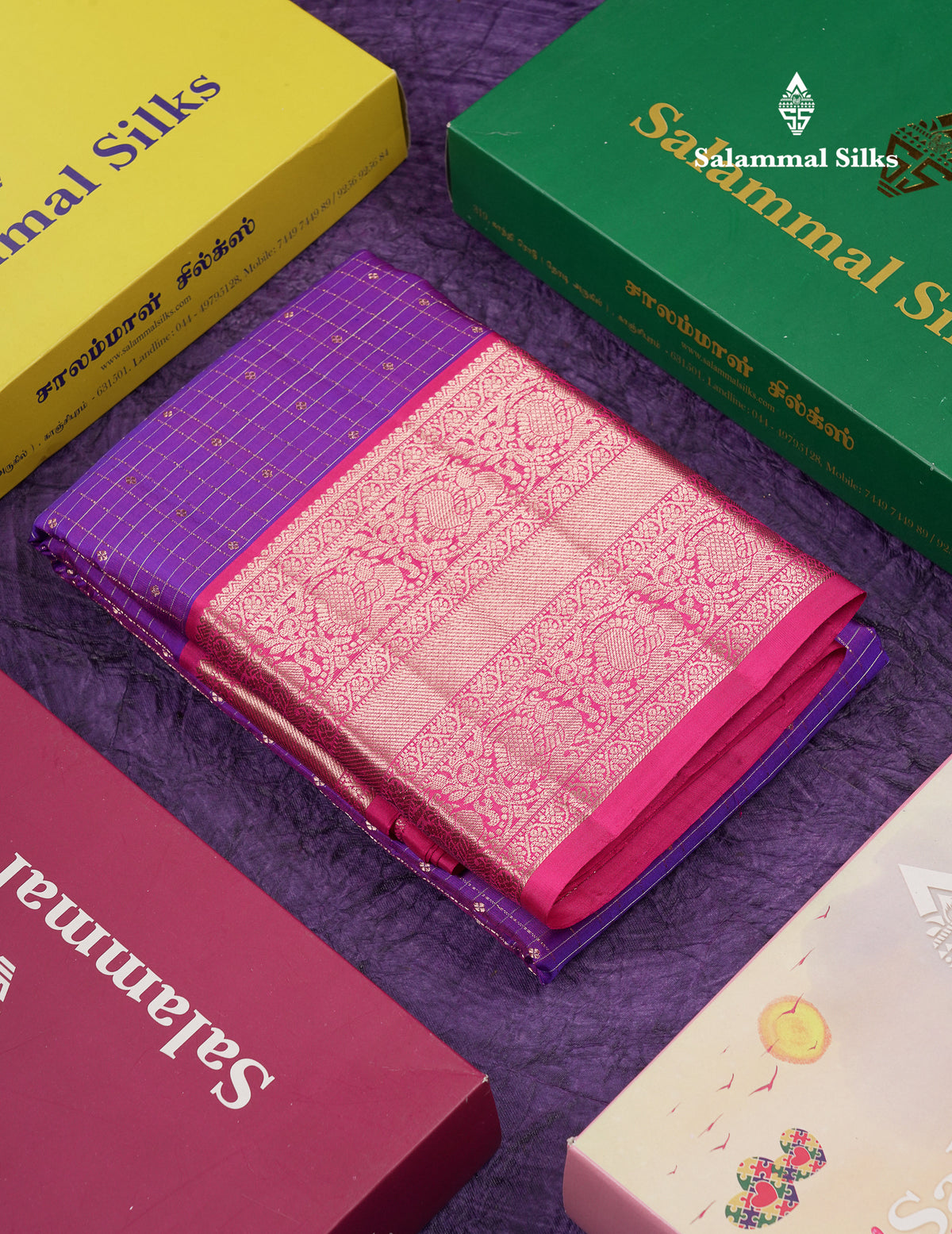Beautiful Purple Small Checks With Butta Pure Kanjivaram Silk Saree With Contrast Pink Traditional Evening Morning Border