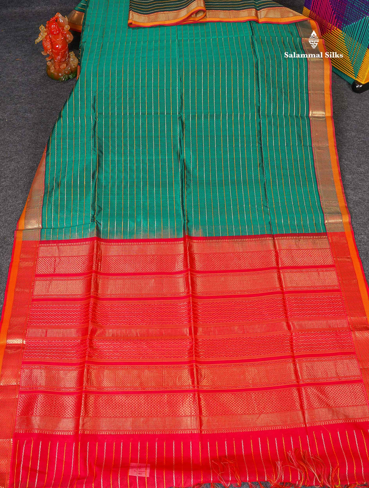 Pure Silk Cotton Saree - Peacock Green Colour Body Thread Work With Traditional Border