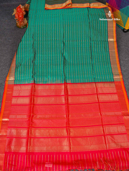 Pure Silk Cotton Saree - Peacock Green Colour Body Thread Work With Traditional Border