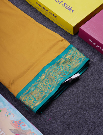 11 Yards Plain Semi Silk Saree Pink with Contrast Peacock Green Traditional Border