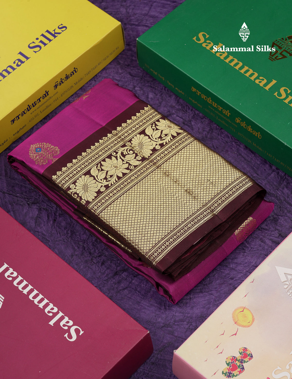 Beautiful Magenta Menakari Work Pure Kanjivaram Silk Saree With Contrast Dark Brown Traditional Evening Morning Border