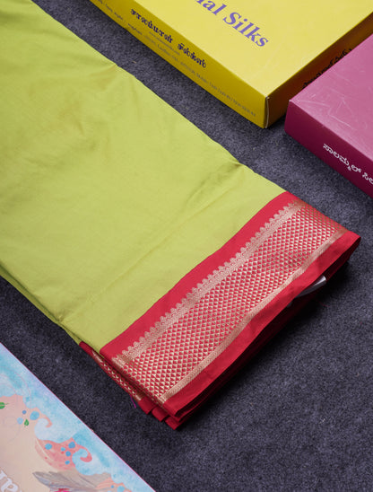 9.5 Yards Semi Silk Saree Parrot Green With Contrast Chilly Red Traditional Border