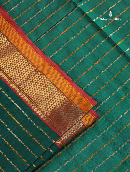Pure Silk Cotton Saree - Peacock Green Colour Body Thread Work With Traditional Border