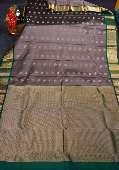 Beautiful Grey Pure Kanjivaram Silk Saree With Contrast Bottle Green Traditional Border