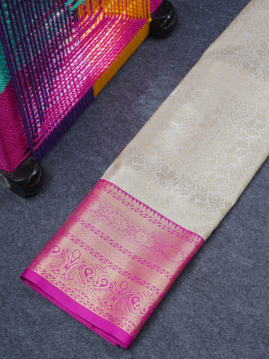 Semi Silk Pattu Pavadai (Cream) With Magenta Pink Blouse 36"