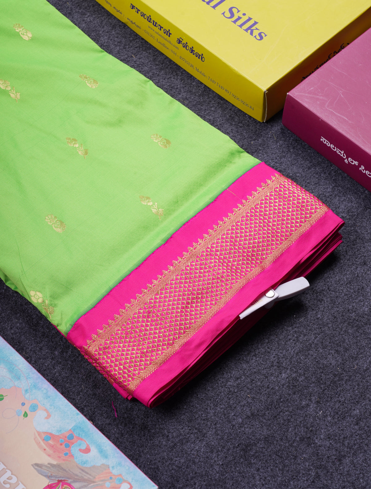 9.5 Yards Semi Silk Saree Parrot Green With Contrast Pink Traditional Border