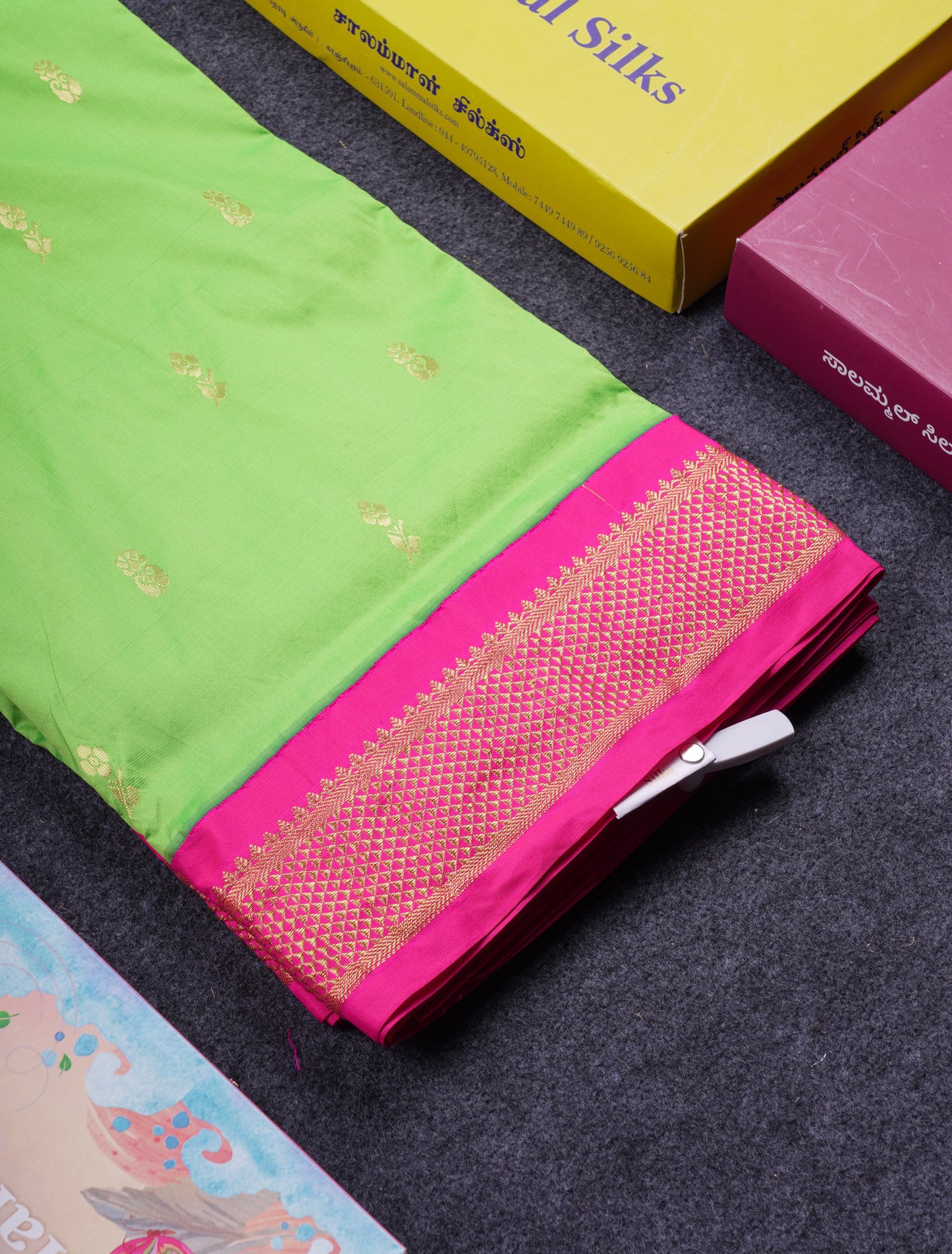 9.5 Yards Semi Silk Saree Parrot Green With Contrast Pink Traditional Border
