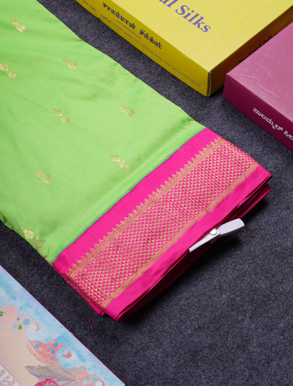 9.5 Yards Semi Silk Saree Parrot Green With Contrast Pink Traditional Border