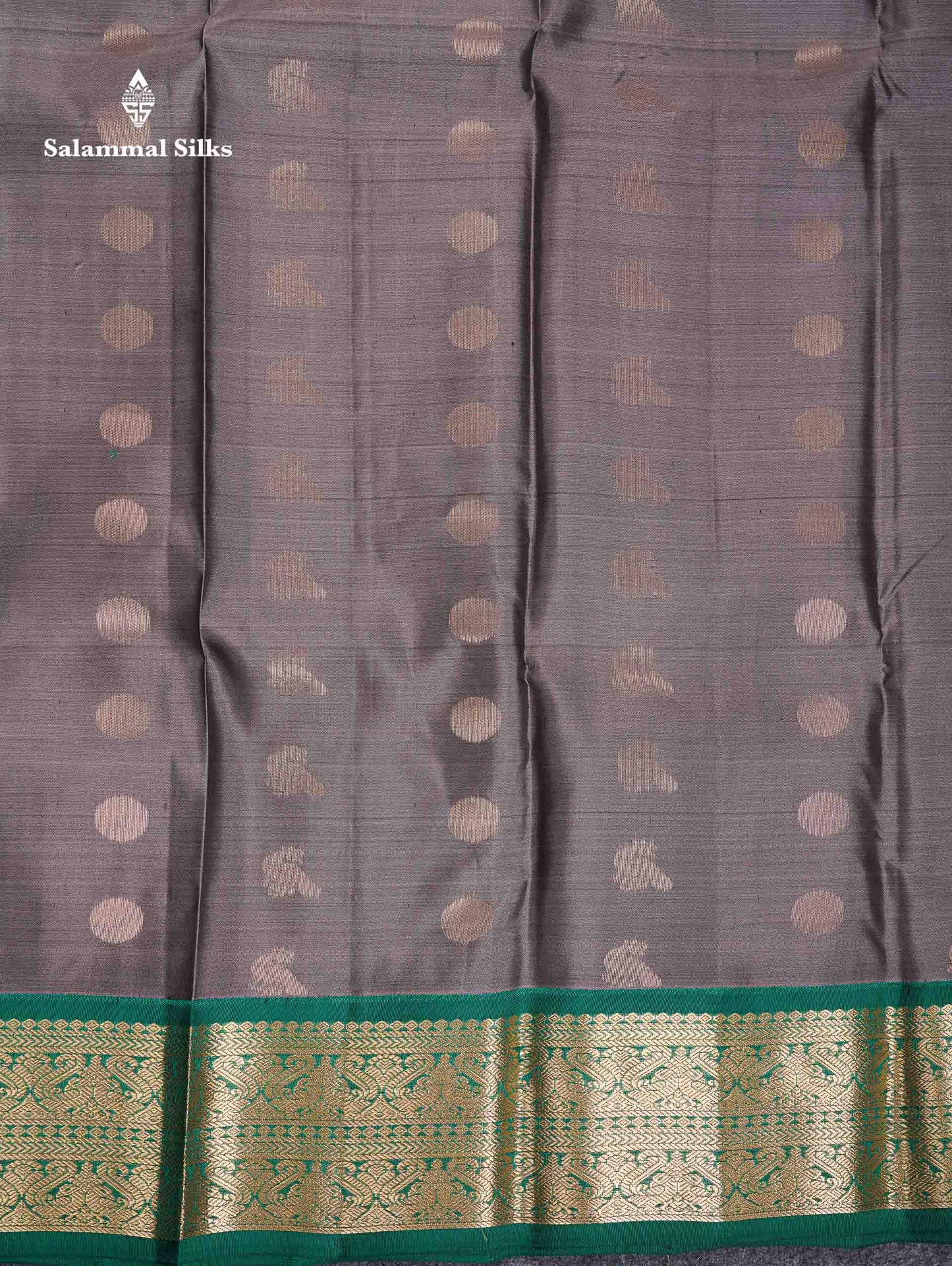 Beautiful Grey Pure Kanjivaram Silk Saree With Contrast Bottle Green Traditional Border