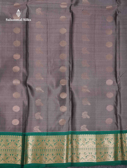 Beautiful Grey Pure Kanjivaram Silk Saree With Contrast Bottle Green Traditional Border