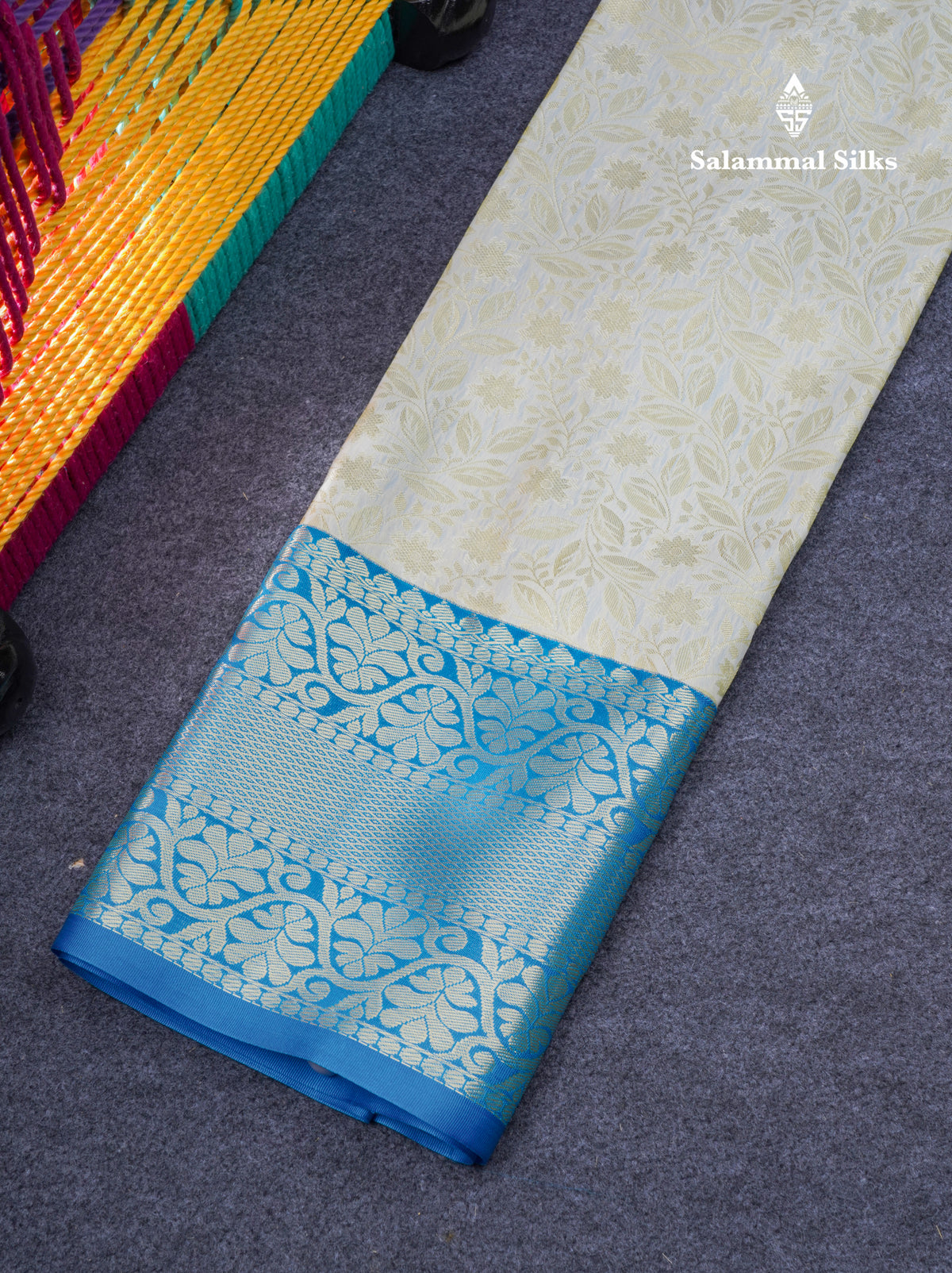 Semi Silk Pattu Pavadai ( White ) With Contrast Sky Blue Blouse 37"