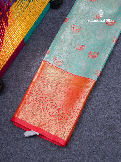 Semi Silk Pattu Pavadai Tissue ( Pastel Blue ) With Contrast Chilly Red Blouse 37"